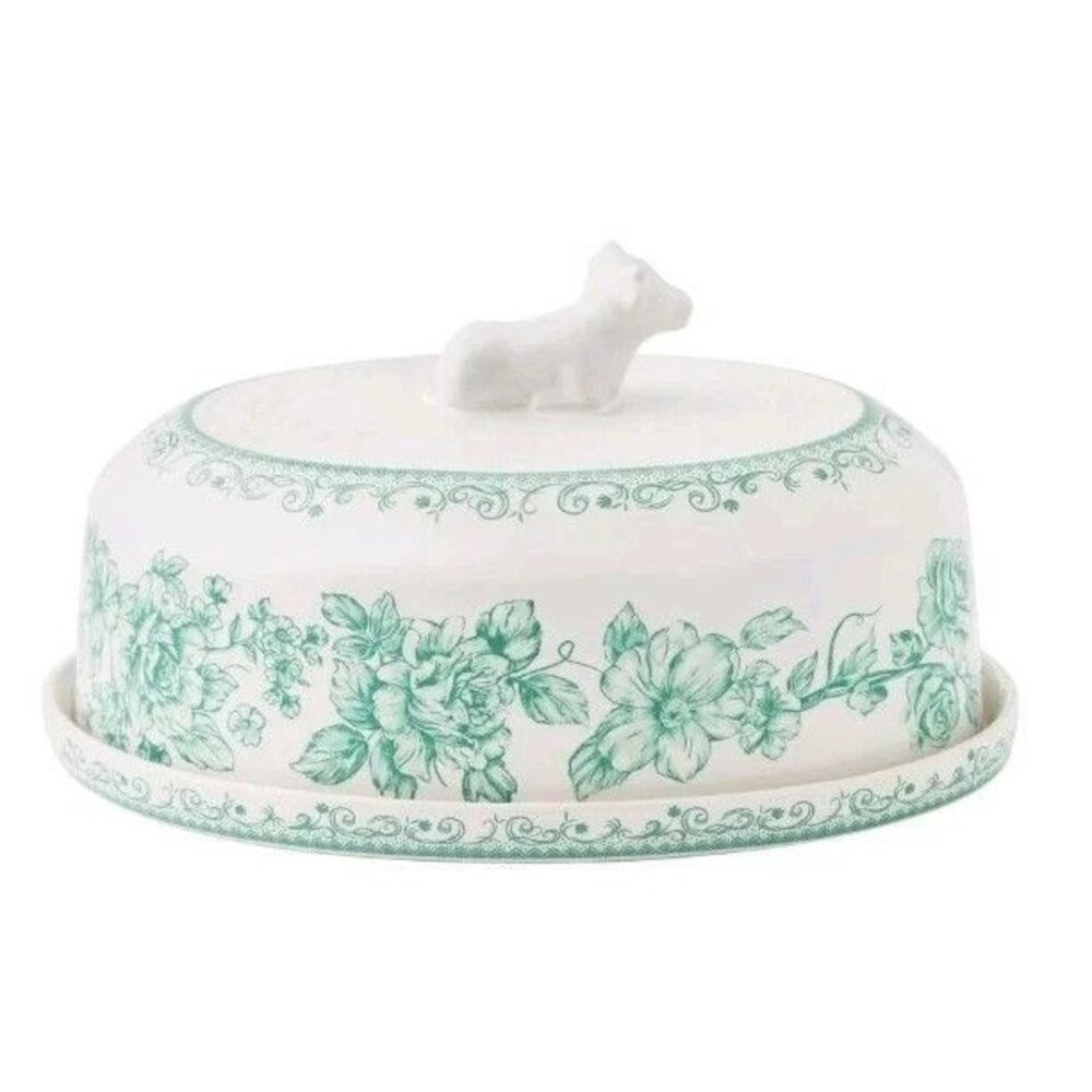 Pioneer Woman Agatha Green Butter Dish Double Stick Cow Handle Floral Stoneware